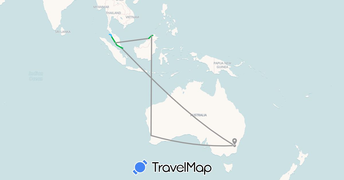 TravelMap itinerary: bus, plane, boat in Australia, Brunei, Indonesia, Malaysia, Singapore, Thailand (Asia, Oceania)